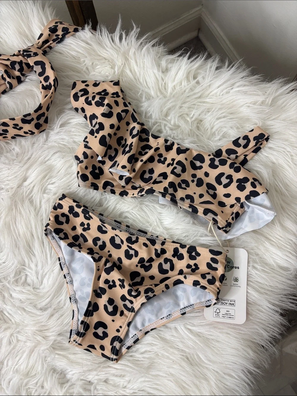 PatPat Tan & Black Leopard Ruffle One-Shoulder Kids Bikini Size 2T